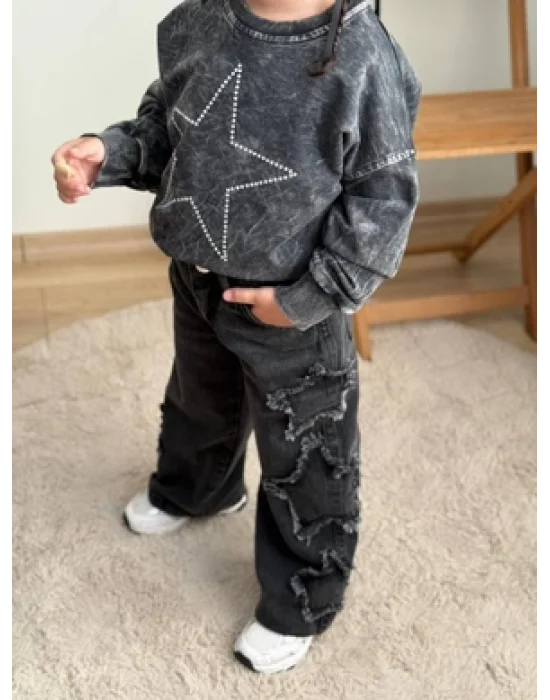 Taş Yıkamalı Kız Yıldız Takım - Sweatshirt-Jean Pantalon
