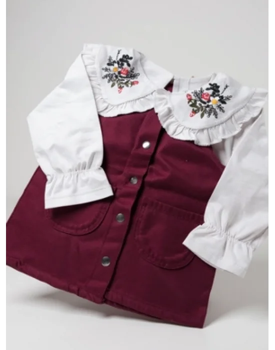 Yaka Detaylı Bordo Elbise