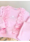 Fır Fır Detaylı Dantel İşlemeli Pembe Taytlı Takım