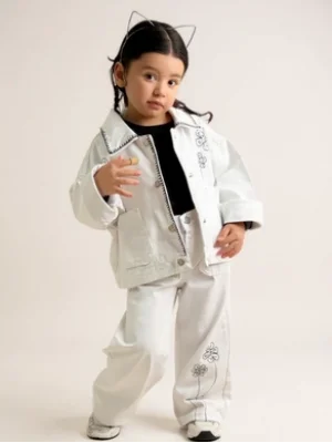 Çiçek Nakışlı Üçlü Gabardin-Kot Kız Takım