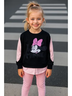 Minnie Baskılı Gömlek Detaylı İkili Taytlı Takım