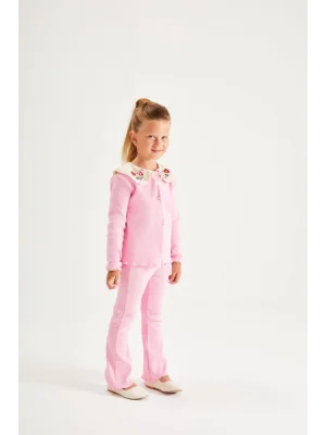 Nakış İşlemeli Yaka Detaylı Taytlı Takım Pembe