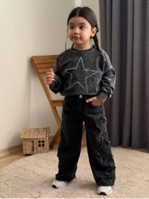 Taş Yıkamalı Kız Yıldız Takım - Sweatshirt-Jean Pantalon