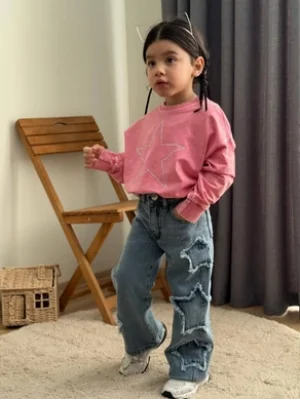 Taş Yıkamalı Kız Yıldız Takım - Sweatshirt-Jean Pantalon