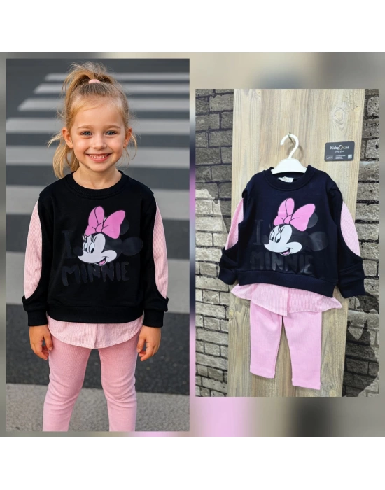 Minnie Baskılı Gömlek Detaylı İkili Taytlı Takım