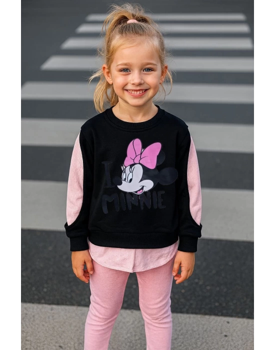 Minnie Baskılı Gömlek Detaylı İkili Taytlı Takım