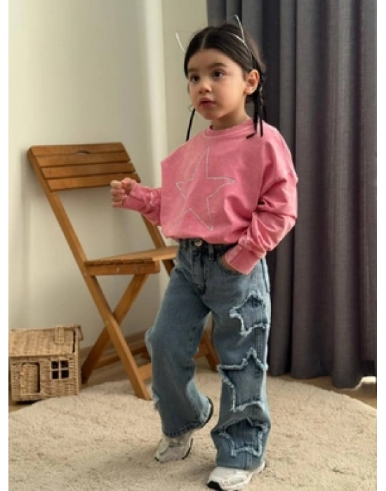 Taş Yıkamalı Kız Yıldız Takım - Sweatshirt-Jean Pantalon