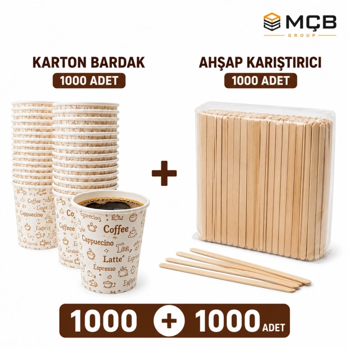 1000 Adet Karton Bardak + 1000 Adet Ahşap Karıştırıcı Seti | Tek Kullanımlık Çay Kahve Bardağı ve Karıştırıcı