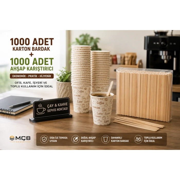 1000 Adet Karton Bardak + 1000 Adet Ahşap Karıştırıcı Seti | Tek Kullanımlık Çay Kahve Bardağı ve Karıştırıcı
