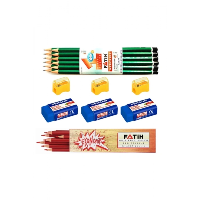 12 Li Mercanlı Kurşun Kalem Kırmızı Kopya Kalemi Silgi Kalem Açacağı Set