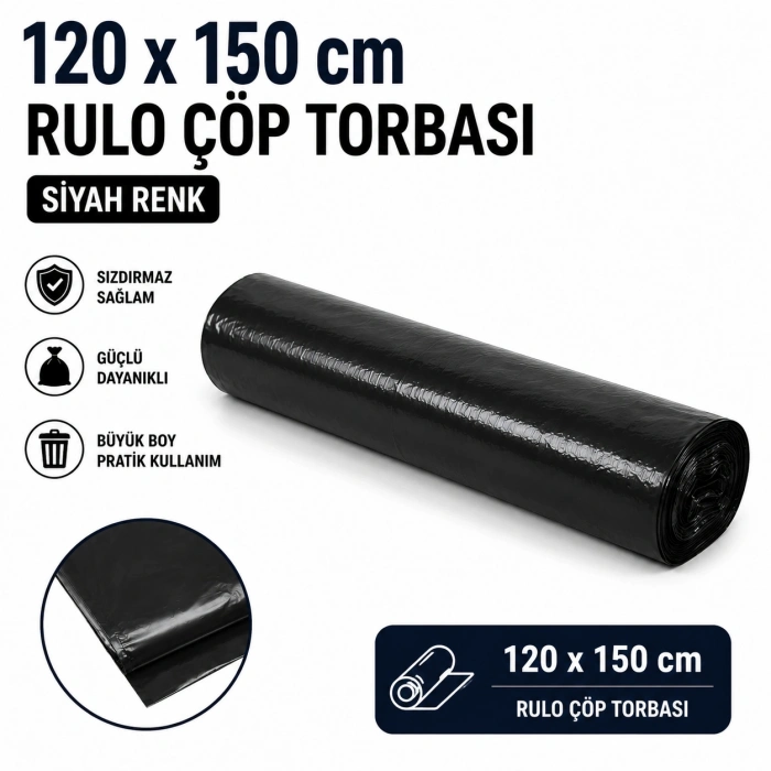 120x150 cm Siyah Rulo Çöp Torbası Konteyner Tipi Ağır Hizmet Çöp Poşeti 1 Rulo
