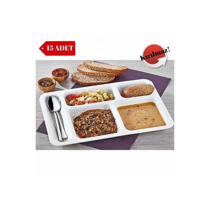 15 Adet Kırılmaz Tabldot Tabak  Self Servis Yemekhane  Okul 5 Bölmeli  Tabilot