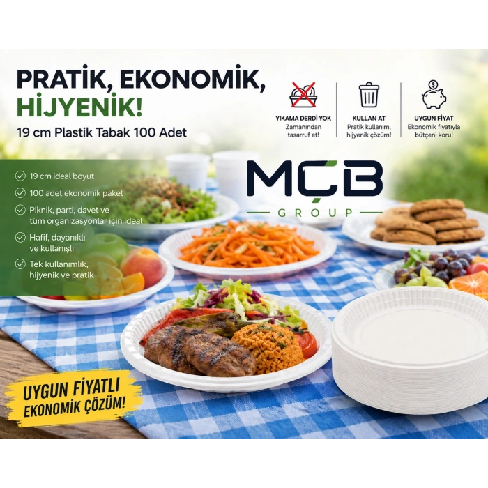 19 cm Plastik Tabak 100 Adet Beyaz Tek Kullanımlık Parti Piknik Doğum Günü