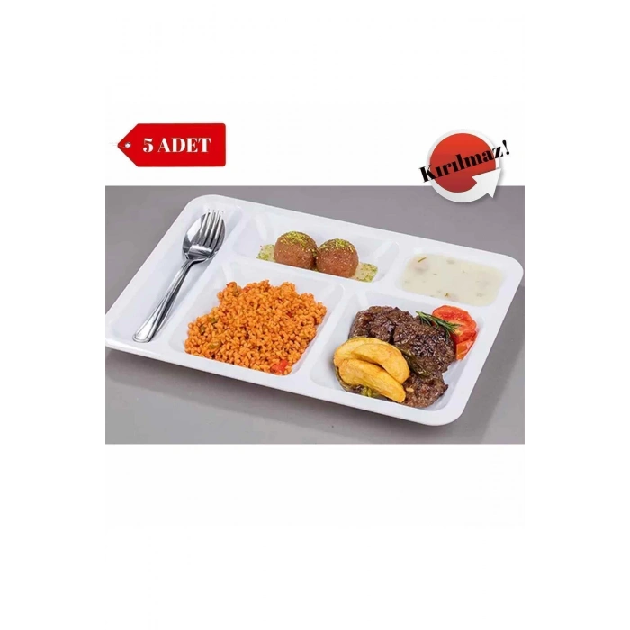 5 Adet Kırılmaz Tabldot Tabak, Self Servis, Yemekhane, Okul, 5 Bölmeli, Tabilot, Tabildot, Lokanta