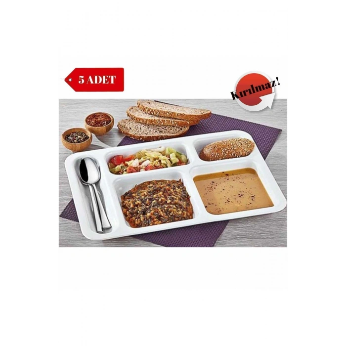 5 Adet Kırılmaz Tabldot Tabak, Self Servis, Yemekhane, Okul, 5 Bölmeli, Tabilot, Tabildot, Lokanta