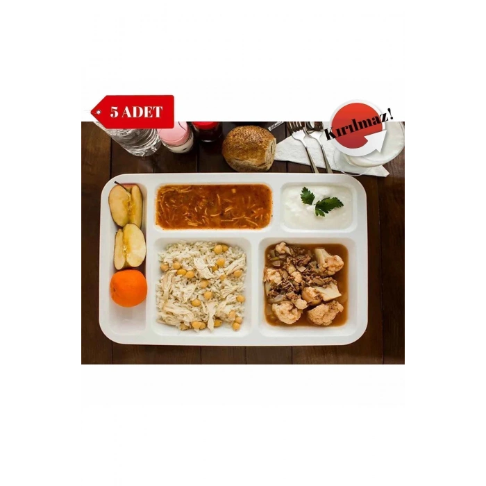 5 Adet Kırılmaz Tabldot Tabak, Self Servis, Yemekhane, Okul, 5 Bölmeli, Tabilot, Tabildot, Lokanta