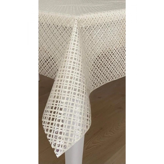 Şeffaf Kaplamalı Çapraz Örgü Hasır Desenli Pvc Muşamba Masa Örtüsü Krem