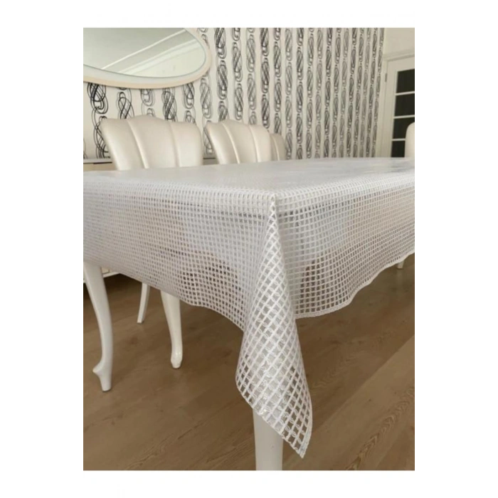 Şeffaf Kaplamalı Örgü Hasır Desenli Pvc Muşamba Masa Örtüsü Beyaz