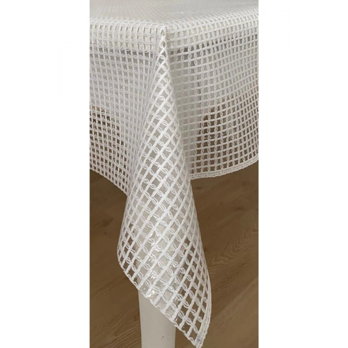 Şeffaf Kaplamalı Örgü Hasır Desenli Pvc Muşamba Masa Örtüsü Beyaz