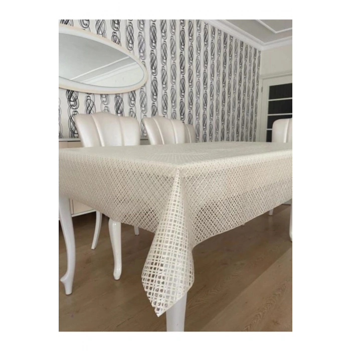 Şeffaf Kaplamalı Çapraz Örgü Hasır Desenli Pvc Muşamba Masa Örtüsü Krem