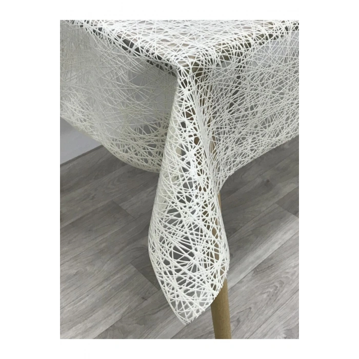 Iplik Desen Hasır Pvc Şeffaf Kaplamalı Lüks Muşamba Masa Örtüsü Krem