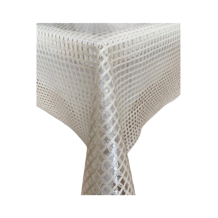 Şeffaf Kaplamalı Örgü Hasır Desenli Pvc Muşamba Masa Örtüsü Krem