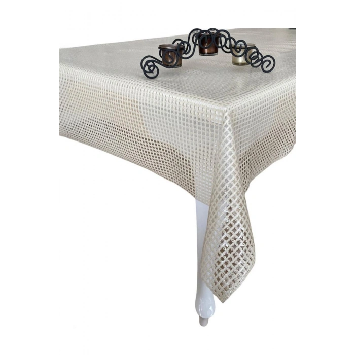 Şeffaf Kaplamalı Örgü Hasır Desenli Pvc Muşamba Masa Örtüsü Krem