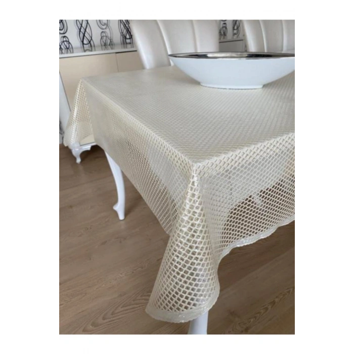 Şeffaf Kaplamalı Petek Desenli Pvc Muşamba Masa Örtüsü Krem