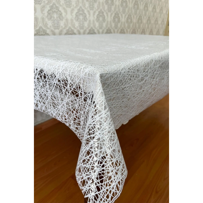 PVC Şeffaf Kaplamalı İp Desenli Masa Örtüsü – Beyaz Renk