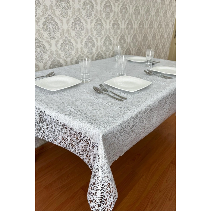 PVC Şeffaf Kaplamalı İp Desenli Masa Örtüsü – Beyaz Renk