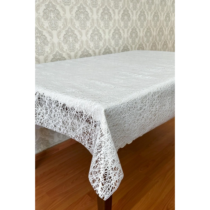 PVC Şeffaf Kaplamalı İp Desenli Masa Örtüsü – Beyaz Renk