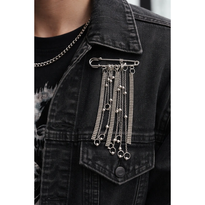 Zincirli Çengelli İğne Broş Punk Tarz Metal Zincirli Ceket Yaka Aksesuarı