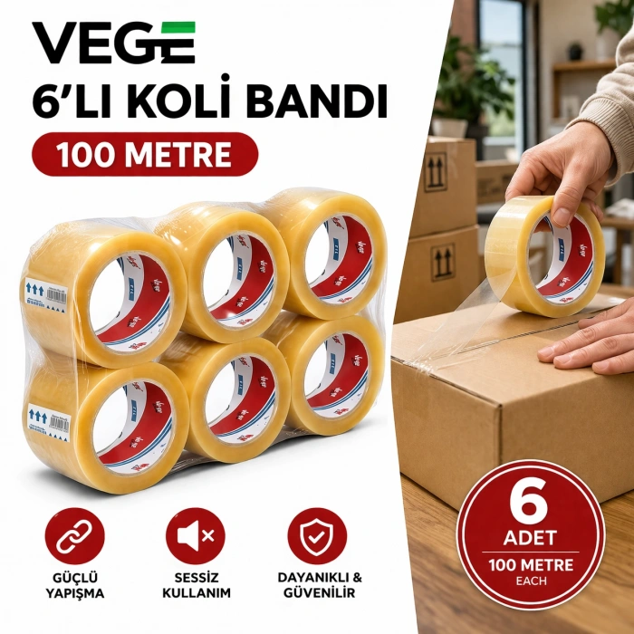 Vege Fil - Vege Aslan 6’lı Koli Bandı 100 Metre Şeffaf Güçlü Yapışkan Paketleme Bandı