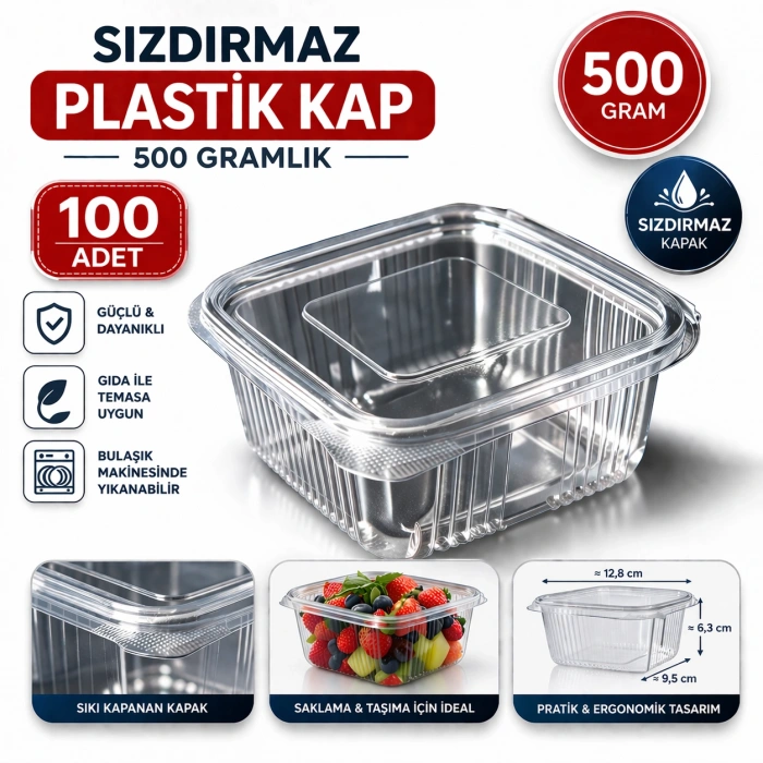 Sızdırmaz Plastik Kap 500 Gr 100 Adet Şeffaf Saklama Kabı Kapaklı Gıda Kabı