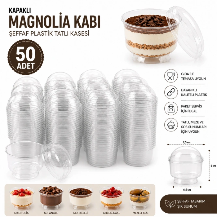 50 Adet Kapaklı Tatlı Kabı Magnolia Kasesi Şeffaf Plastik 200 cc Magnolya Kase