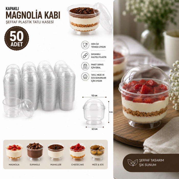 50 Adet Kapaklı Tatlı Kabı Magnolia Kasesi Şeffaf Plastik 200 cc Magnolya Kase