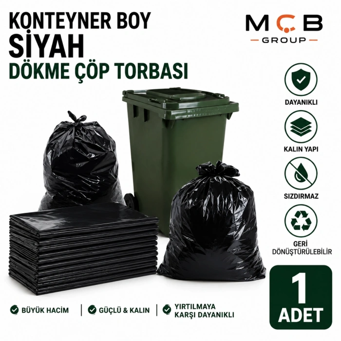 Konteyner Boy Çöp Torbası Siyah Dökme Çöp Poşeti Kalın Dayanıklı Büyük Boy 1 Adet