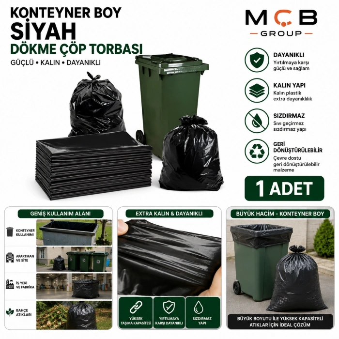 Konteyner Boy Çöp Torbası Siyah Dökme Çöp Poşeti Kalın Dayanıklı Büyük Boy 1 Adet
