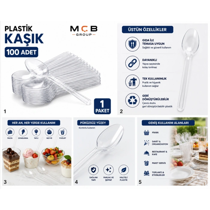 Şeffaf Plastik Kaşık 100 Adet Tek Kullanımlık Dayanıklı Plastik Kaşık Parti Piknik Doğum Günü