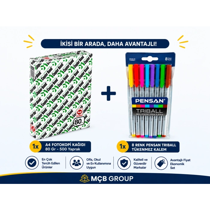 Copierbond A4 Fotokopi Kağıdı 80 gr 500 Yaprak + Pensan Triball 8 Renk Tükenmez Kalem Avantajlı Ofis Okul Seti