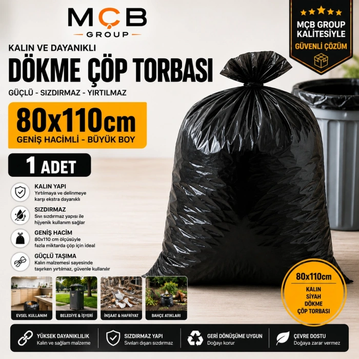 80x110 cm Kalın Siyah Dökme Çöp Torbası 1 Adet Yırtılmaz Sızdırmaz Jumbo Boy Çöp Poşeti