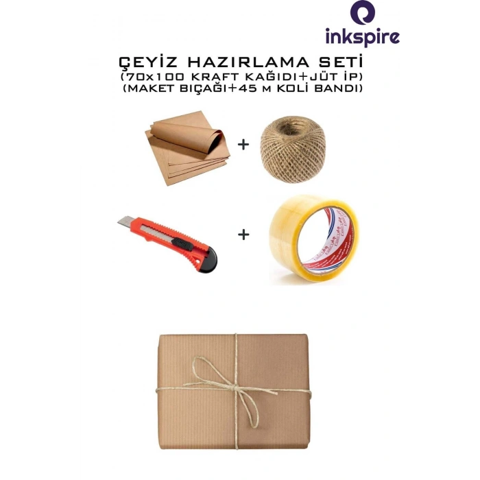 Çeyiz Kağıt Seti 5 Adet 70x100 80 gr Saman Kraft Kağıt 1 Adet Jüt İp 1 Adet Falçata 1 Adet Koli Bant