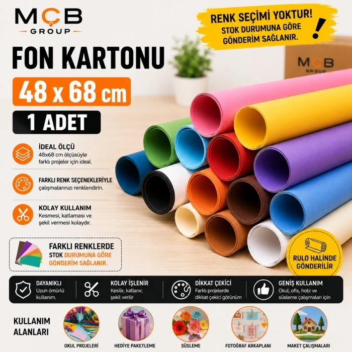 Fon Kartonu 48x68 cm 1 Adet | İnce Renkli Karton | Renk Seçimi Yoktur