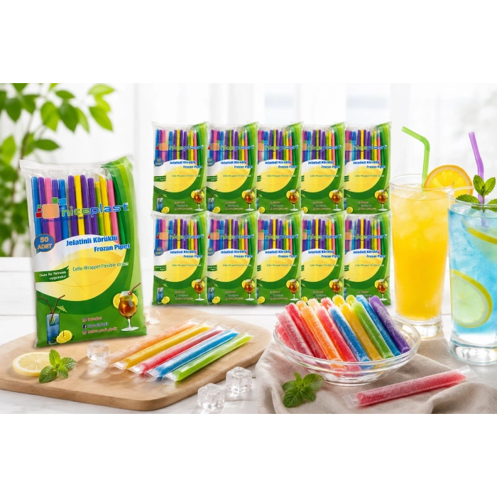 Jelatinli Körüklü Frozen Renkli Pipet 500 Adet Tek Tek Paketli Karışık Renk