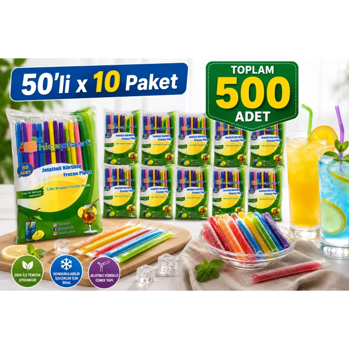 Jelatinli Körüklü Frozen Renkli Pipet 500 Adet Tek Tek Paketli Karışık Renk