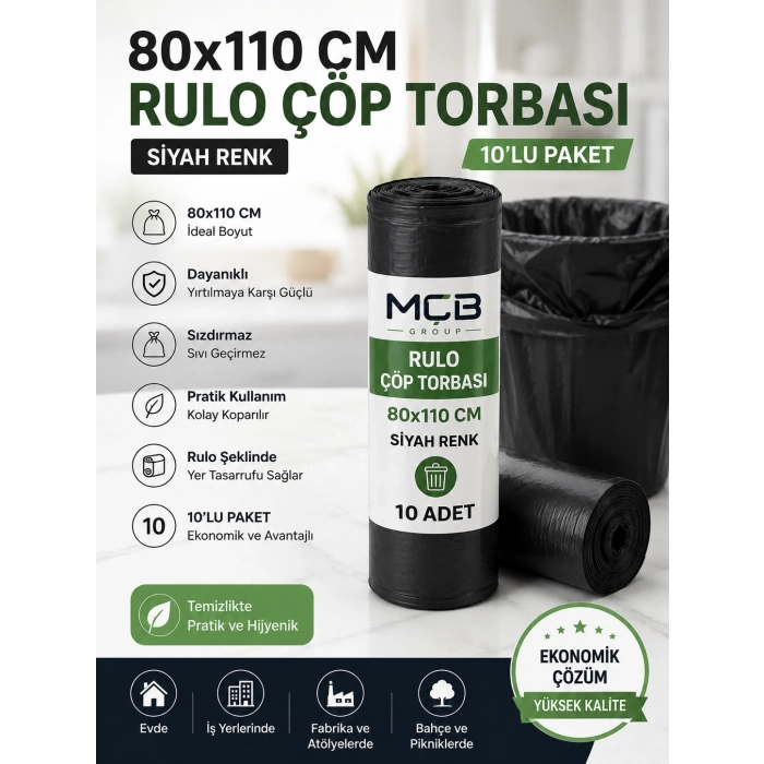 Jumbo Boy Rulo Çöp Torbası 80x110 cm Siyah 10lu Paket Dayanıklı Çöp Poşeti