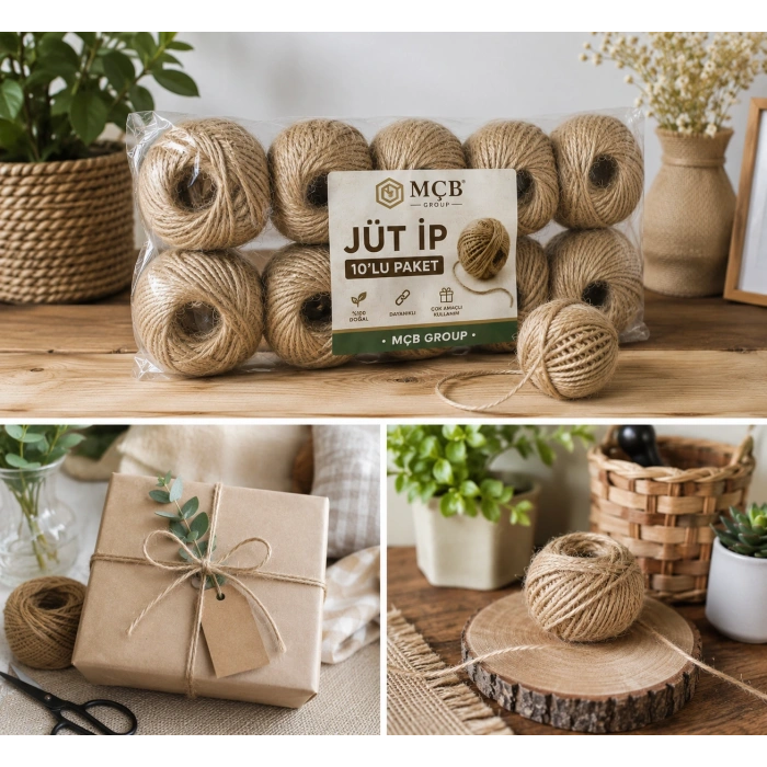 Jüt İp 10’lu Paket 150 Metre Doğal Hasır İp Dekoratif Süsleme Hediye Paketleme Makrome İpi