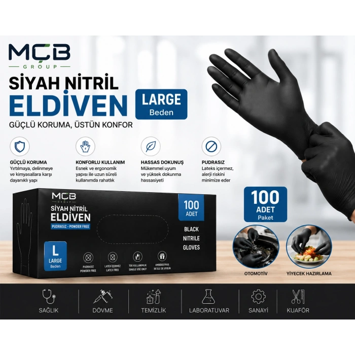 Siyah Nitril Eldiven Large (L) Beden 100lü Paket Pudrasız Tek Kullanımlık Muayene Eldiveni