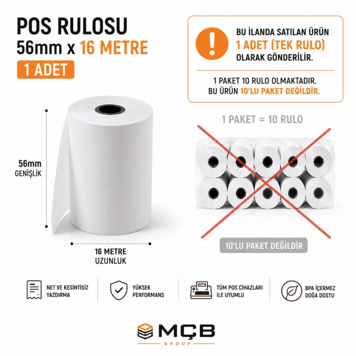 Umur 56x16 Termal Pos Kağıdı Rulosu Tekli Rulo - Tüm Pos Cihazlara Uyumlu