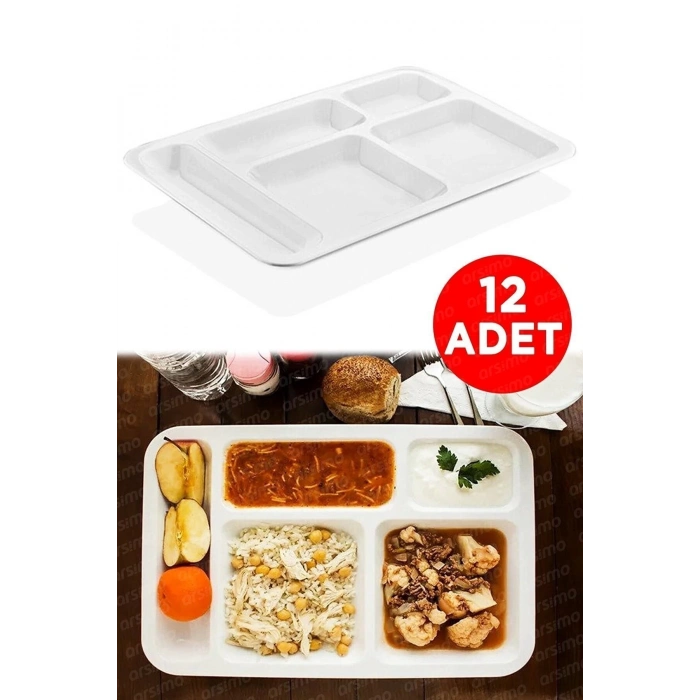 Yemekhane Servis Tabağı Polikarbon Kırılmaz Tabldot 5 Bölmeli (12 Adet)